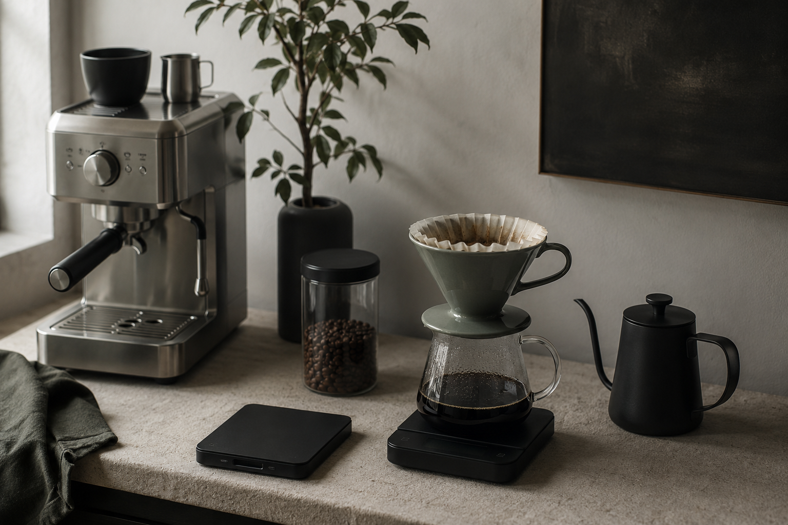 A small-space coffee setup that doesn't sacrifice quality — compact espresso machines, pour-over gear, and grinders built for tiny kitchens."