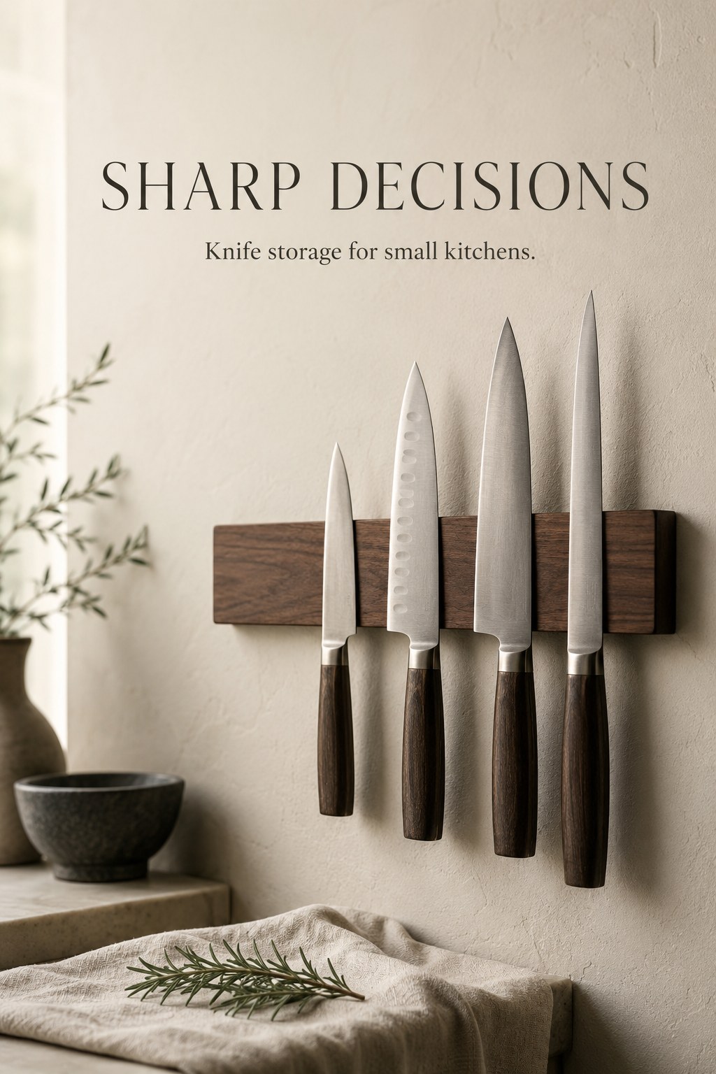 Four chef's knives with dark wooden handles displayed on a walnut magnetic wall strip in a small kitchen, above a linen-draped stone counter