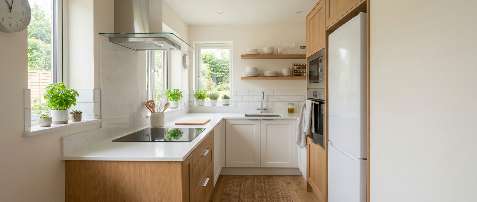 Modern kitchen with white countertops, wooden cabinets, plants on the windowsill, and open shelves with dishes