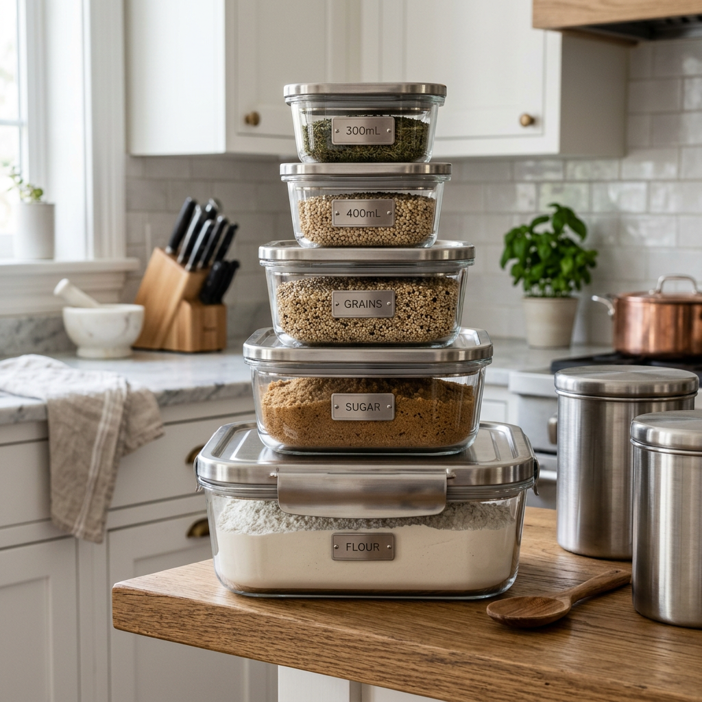 Stack of labeled glass kitchen containers with grains, sugar, and flour