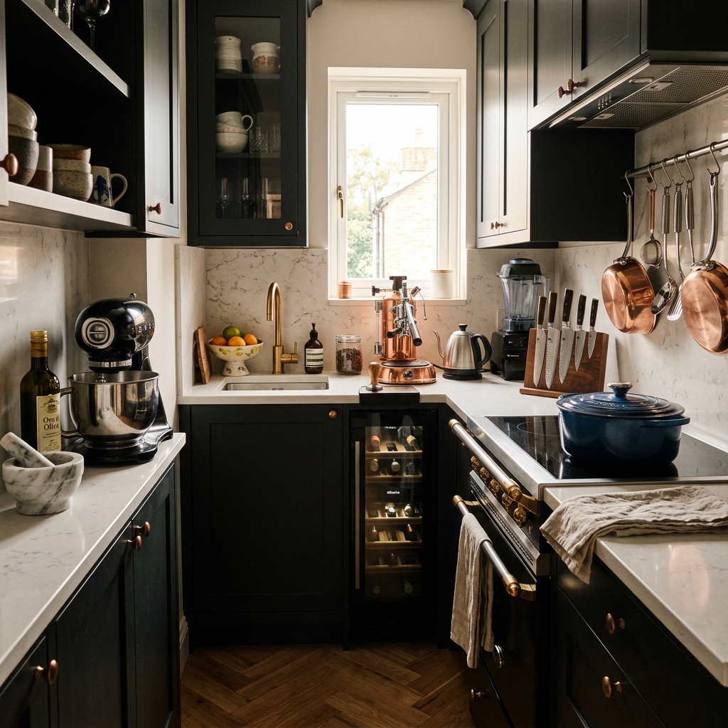 Modern kitchen with dark cabinets, copper pots, knife block, and espresso machine