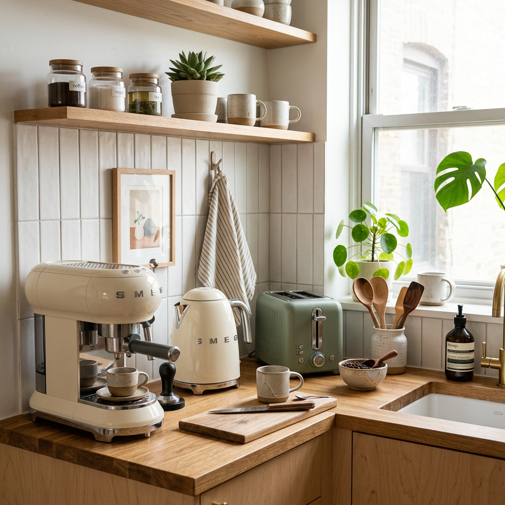 Kitchen countertop with espresso machine, kettle, toaster, wooden utensils, mugs, and potted plants