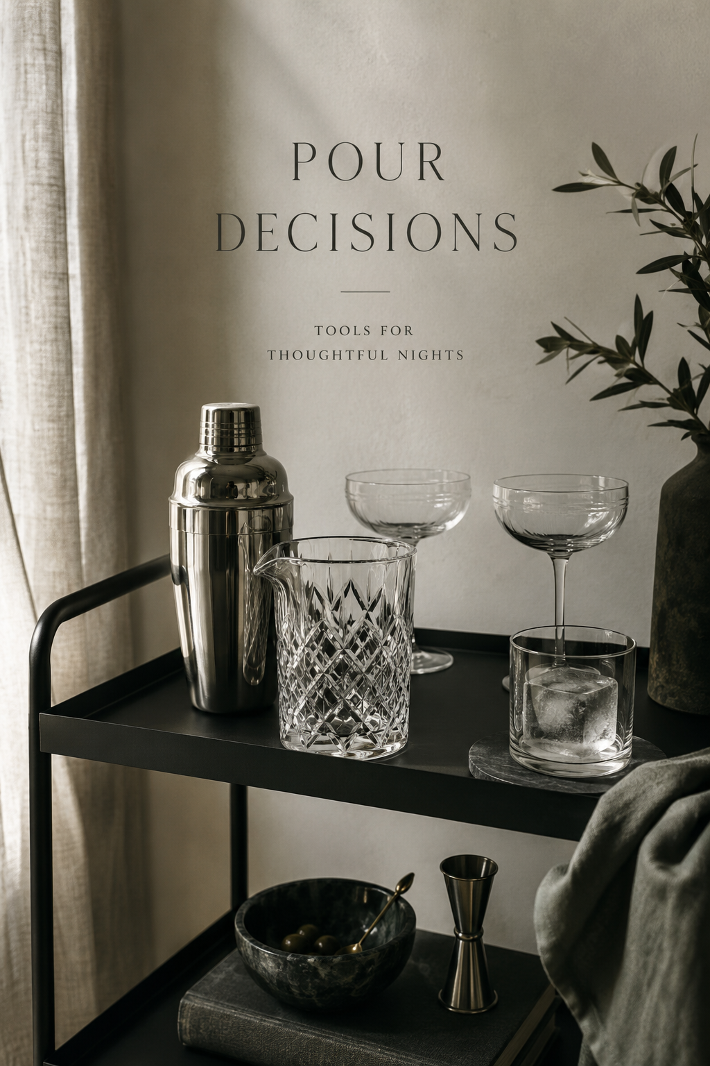Compact small-kitchen bar cart with a stainless steel cocktail shaker, cut-glass mixing glass, two coupe glasses, and a clear ice cube in a rocks glass on a matte black cart in soft window light.