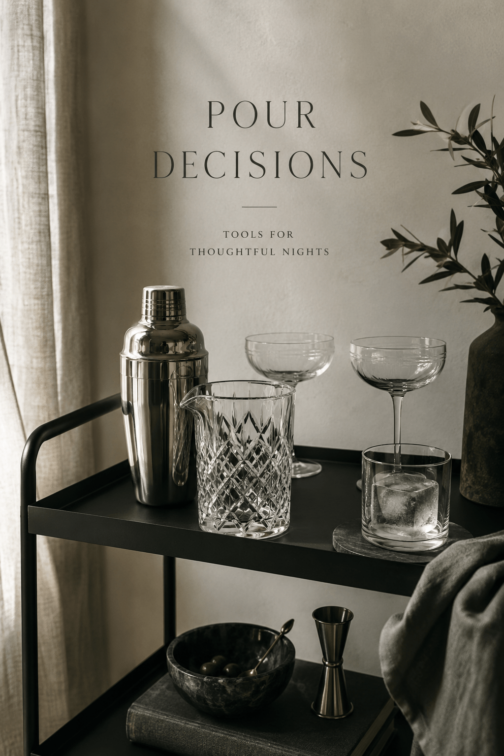 Compact small-kitchen bar cart with a stainless steel cocktail shaker, cut-glass mixing glass, two coupe glasses, and a clear ice cube in a rocks glass on a matte black cart in soft window light.