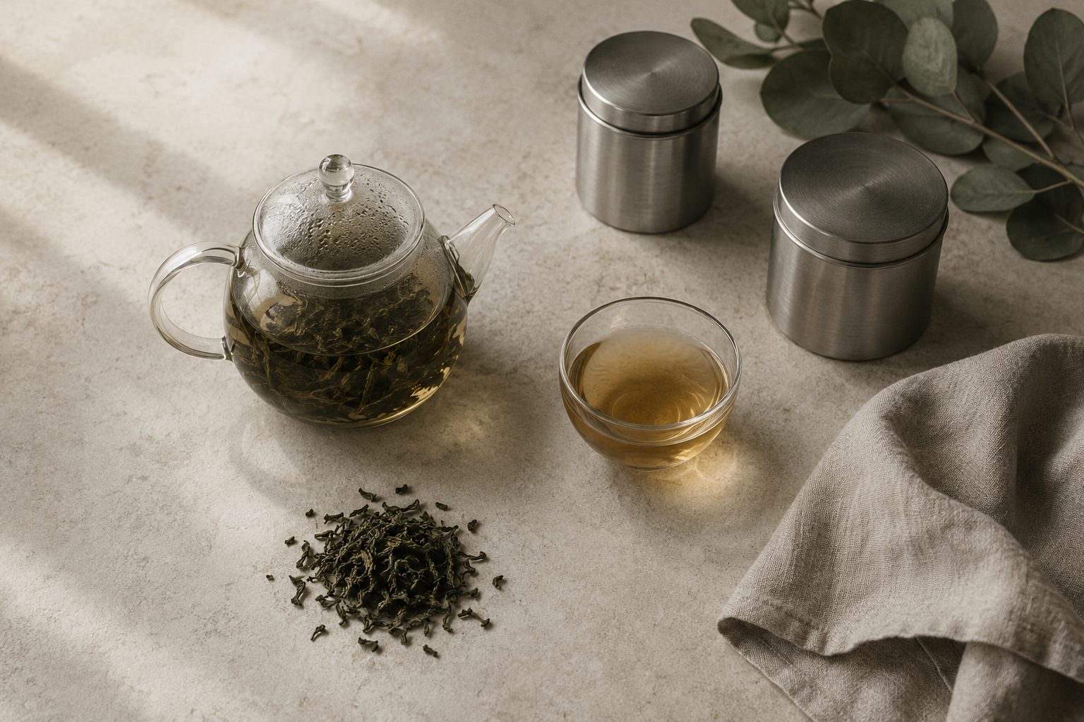 Glass teapot brewing loose leaf green tea beside stainless steel tea canisters and a cup of brewed tea on a pale stone counter