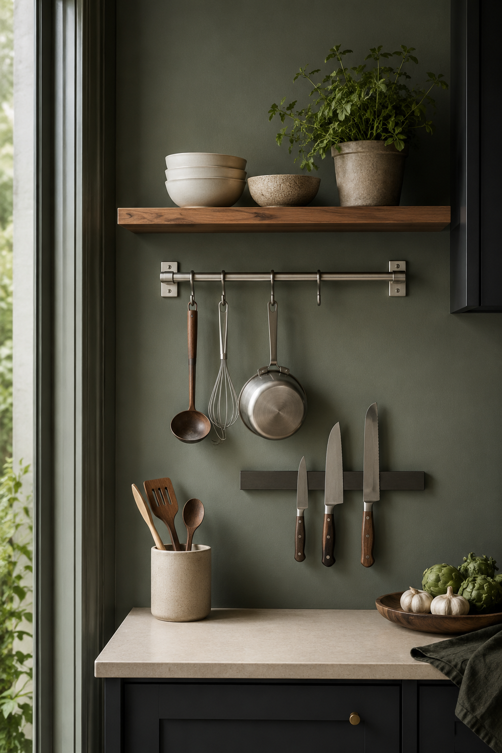 Vertical kitchen storage in a small kitchen — wall-mounted stainless rail with hanging utensils, magnetic knife strip, and floating wood shelf