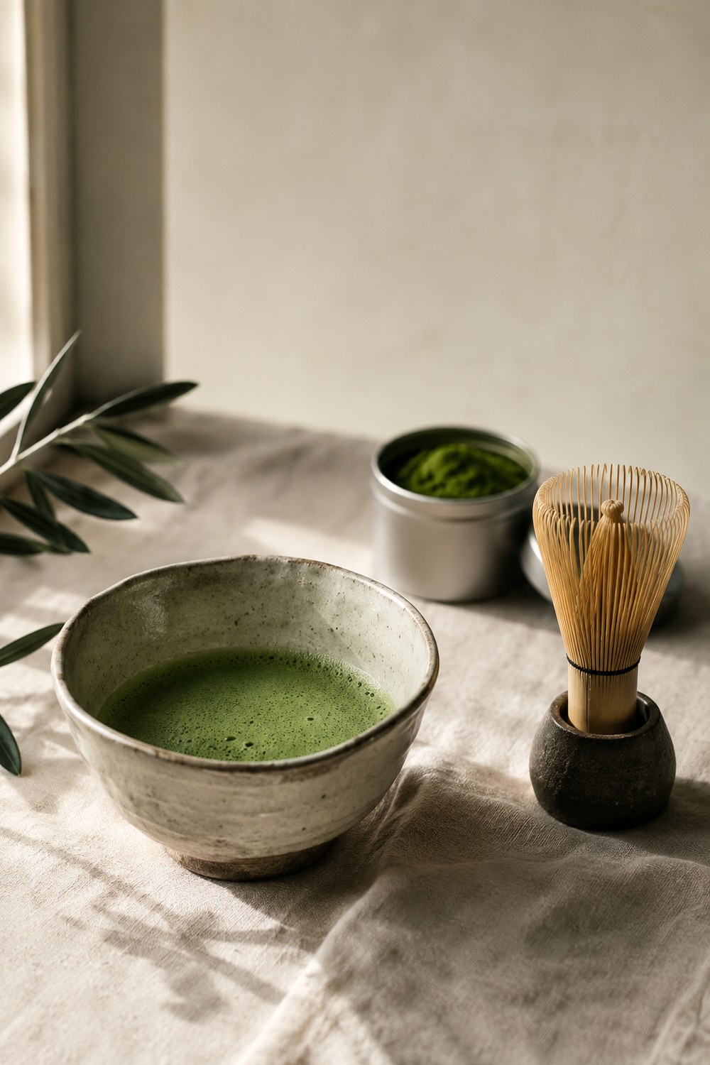 Freshly whisked matcha in a rustic ceramic bowl beside a bamboo whisk on its holder and an open tin of matcha powder, on a linen surface in soft window light.